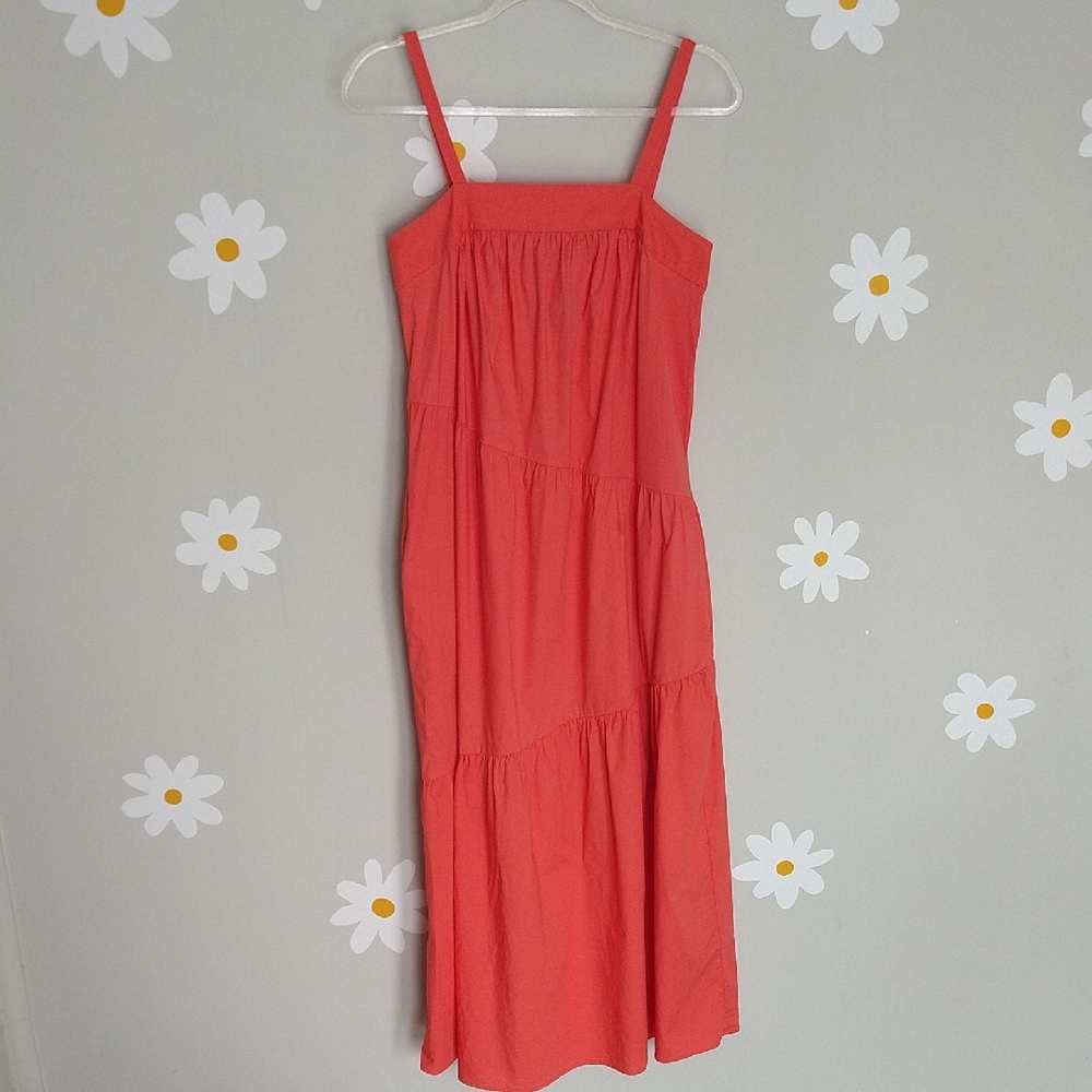 Donna Morgan Bright Coral Maxi Dress Sleeveless Diagonal Tiers